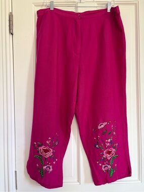 VTG Joy & Peace Linen Blend Capri Crop Pants  High Waist Pink Embroidered 16W